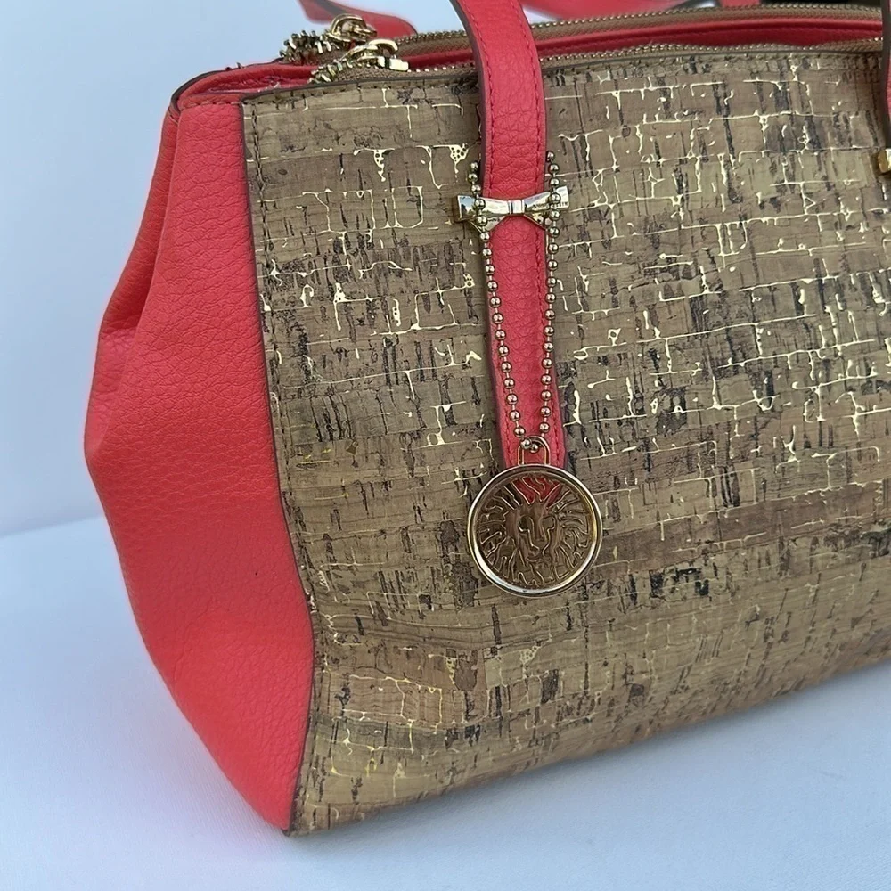 ANNE KLEIN RED FAUX LEATHER CORK METALLIC WOMENS SATCHEL HANDBAG BAG PURSE